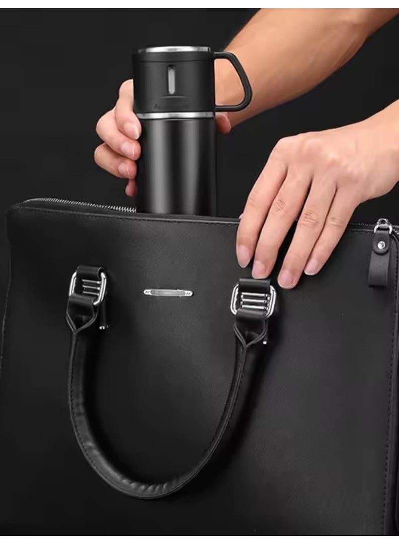 ايونلاين كوب قهوة معزول حراريا من الستانلس ستيل أسود , زجاجة مياه معزولةمن الستانلس ستيل بجدار مزدوج وتفريغ هواء من كونيا، مع غطاء و3 اكواب لمشروبات ساخنة، باردة، شاي، قهوة وسفر500 مل - Image 2